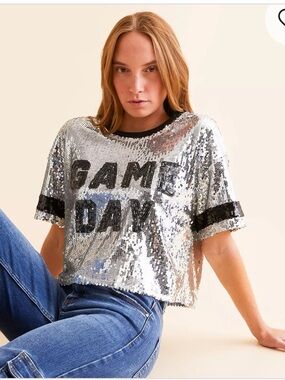 NWT CATO Sequin "GAME DAY" Short Sleeve Top - Silver & Black Size L